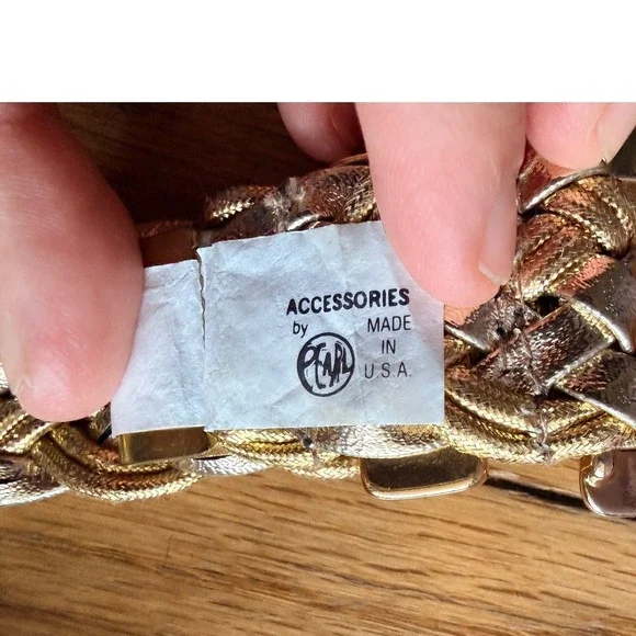 Pearl Accessories Vintage 80s Gold Braided Woven Leather Belt Large Made USA - Picture 4 of 5
